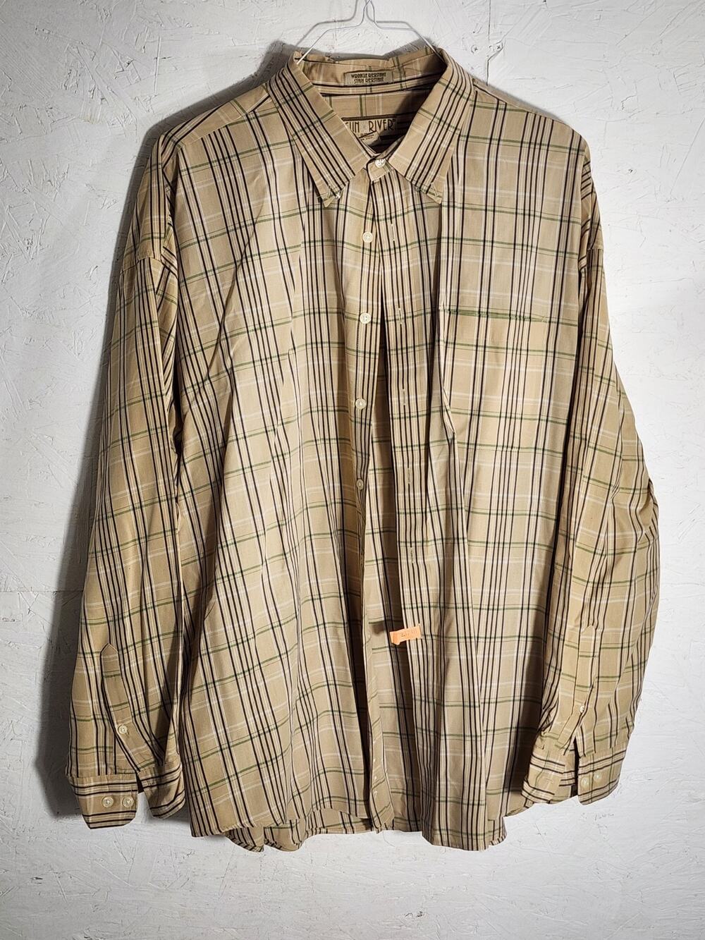 Men’s Sun River Long Sleeve Dress Shirt XXL Tan Casual Plaid